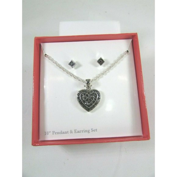 Vintage Faux Marcasite Heart Pendant Pierced Earrings Set 51771 - Picture 3 of 5